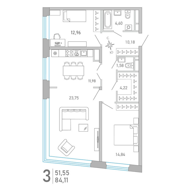 3-комнатная (Евро) квартира, 83.96 м² в ЖК "Министр" - планировка, фото №1