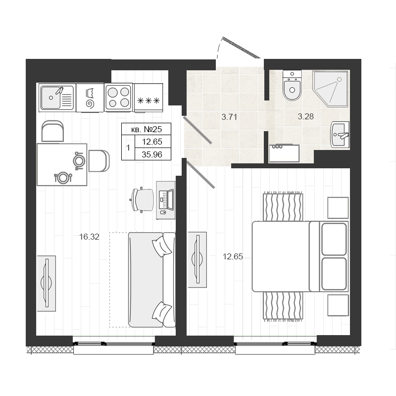 2-комнатная (Евро) квартира, 35.96 м² в ЖК "Верево-сити" - планировка, фото №1