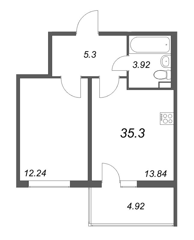 1-комнатная квартира, 35.3 м² в ЖК "Любоград" - планировка, фото №1