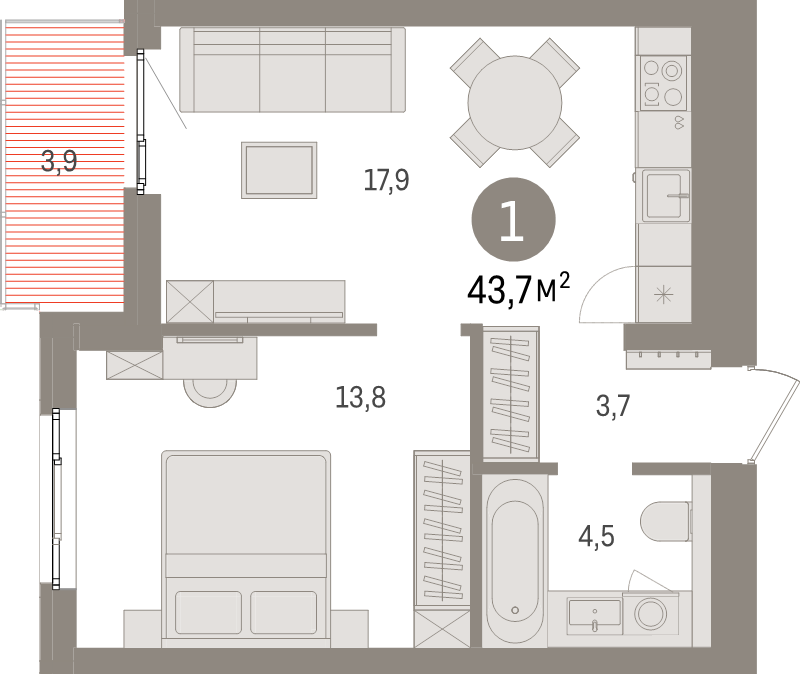 2-комнатная (Евро) квартира, 43.7 м² в ЖК "Брусника в Новоселье" - планировка, фото №1