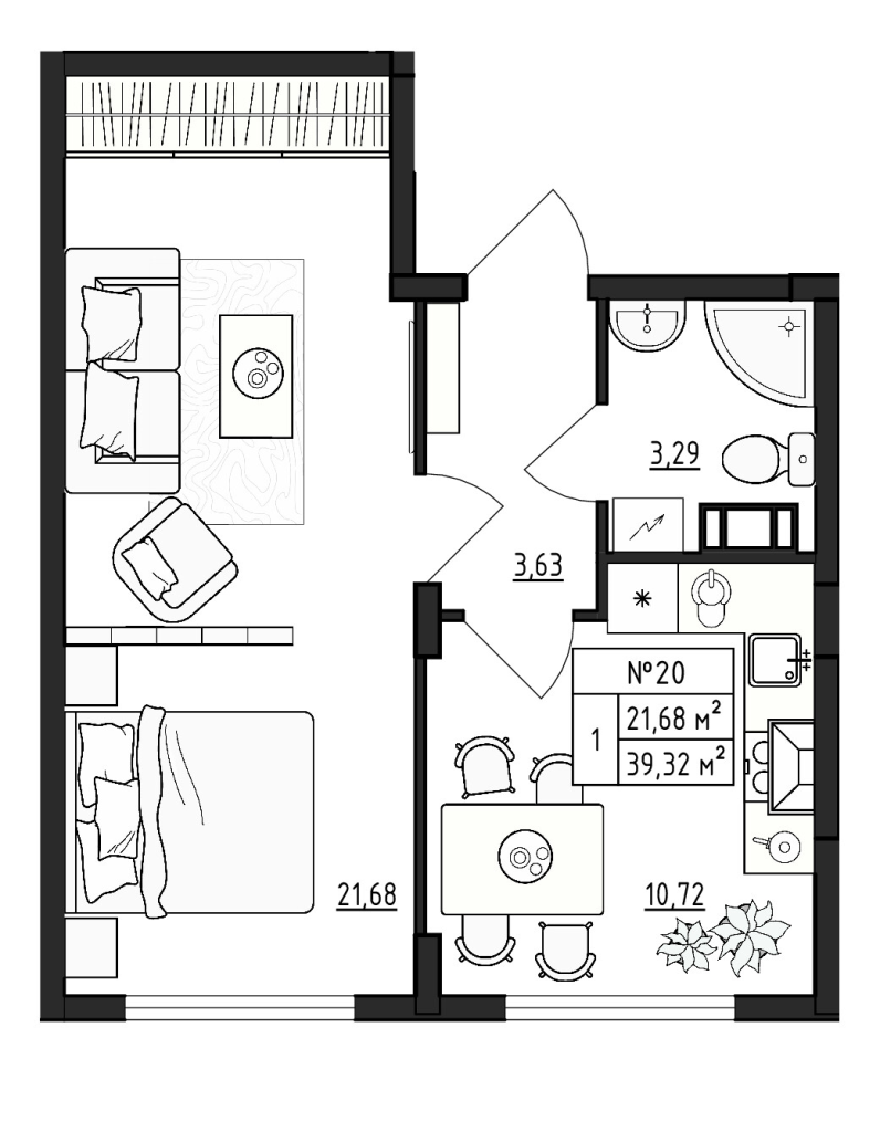 1-комнатная квартира, 39.32 м² в ЖК "Верево Сити" - планировка, фото №1