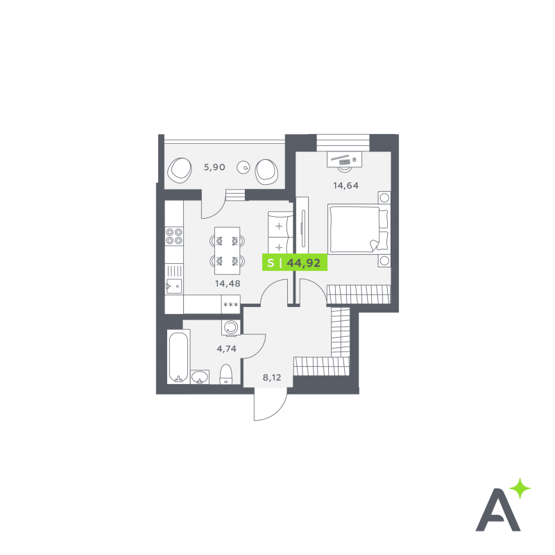 1-комнатная квартира, 44.08 м² в ЖК "Аквилон Верба" - планировка, фото №1