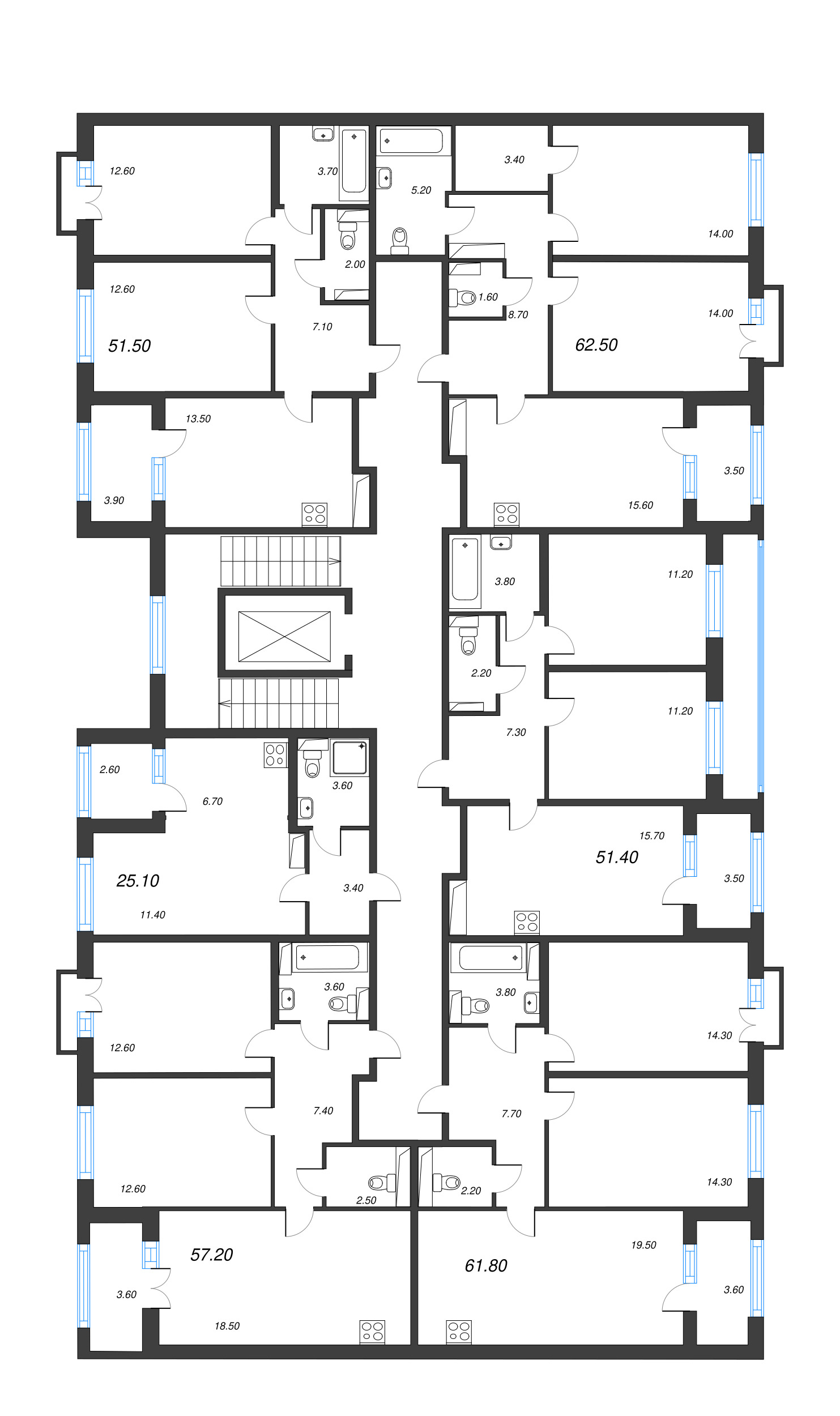 2-комнатная квартира, 51.5 м² - планировка этажа