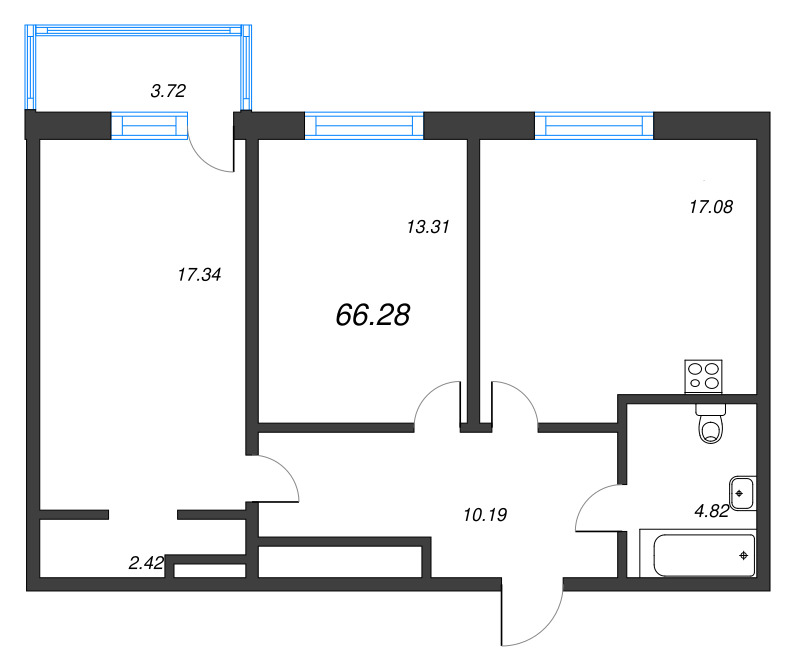 3-комнатная (Евро) квартира, 66.28 м² - планировка, фото №1