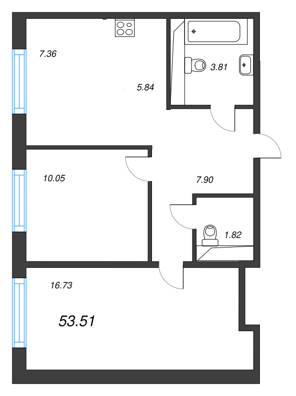 2-комнатная квартира, 53.51 м² в ЖК "Окла" - планировка, фото №1