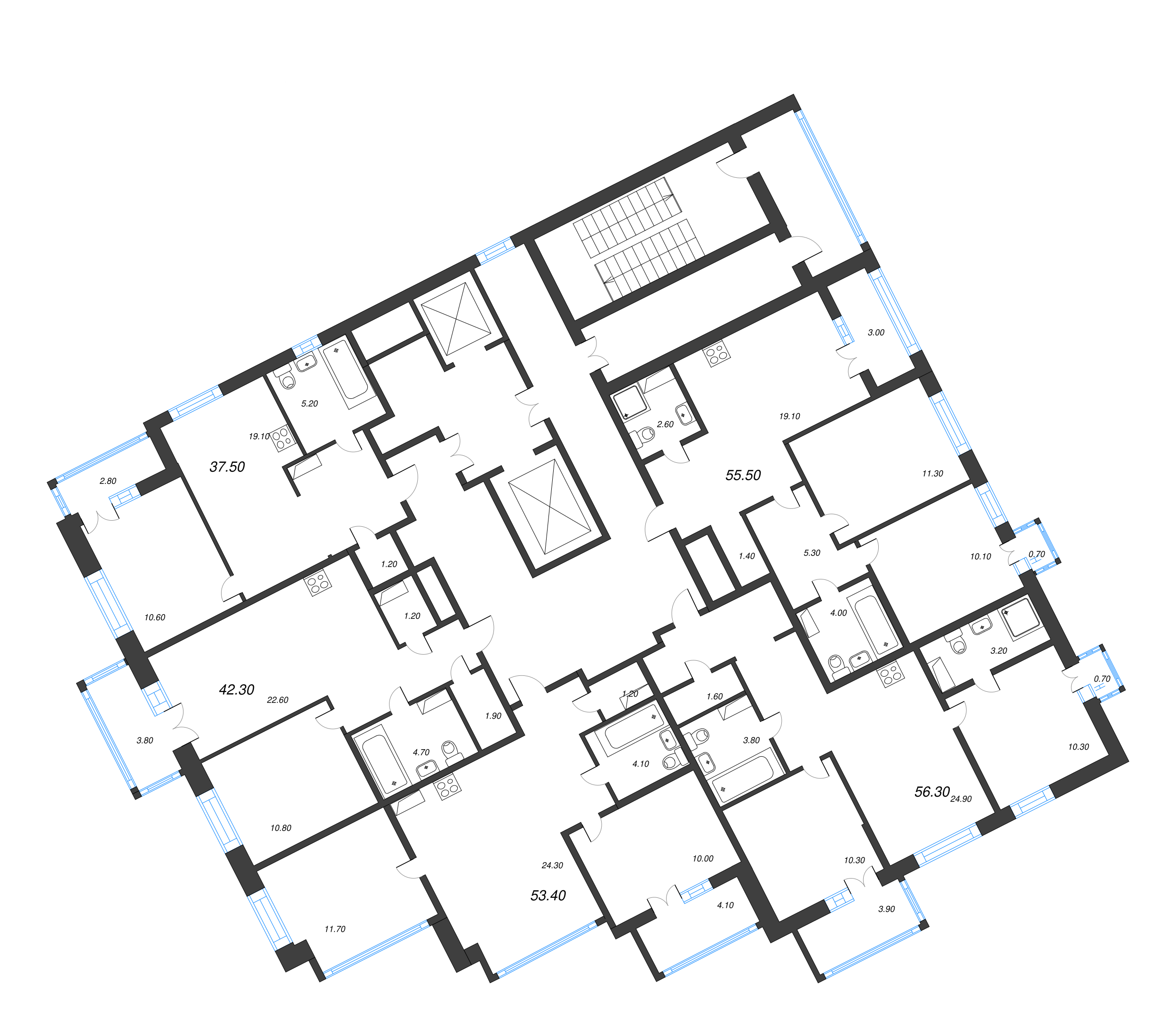 2-комнатная квартира, 56.3 м² - планировка этажа