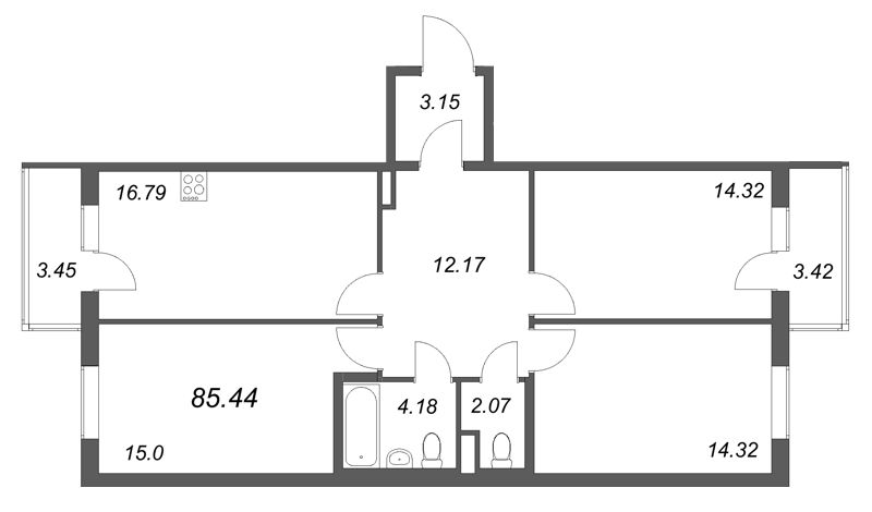3-комнатная квартира, 85.44 м² в ЖК "Новая история" - планировка, фото №1