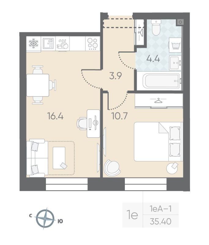 2-комнатная (Евро) квартира, 35.4 м² - планировка, фото №1
