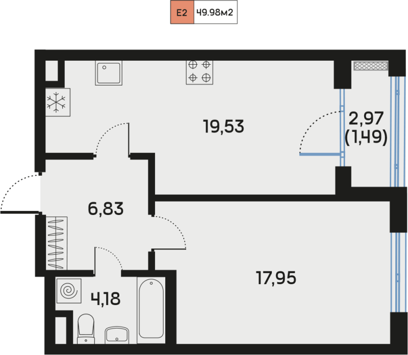 2-комнатная (Евро) квартира, 49.96 м² в ЖК "Дом Регенбоген" - планировка, фото №1