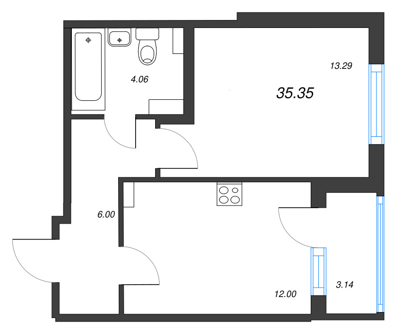 1-комнатная квартира, 35.35 м² - планировка, фото №1