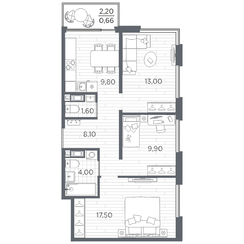 3-комнатная квартира, 64.56 м² в ЖК "Плюс Пулковский" - планировка, фото №1