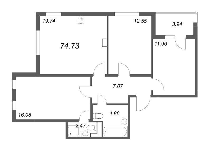 4-комнатная (Евро) квартира, 74.73 м² - планировка, фото №1