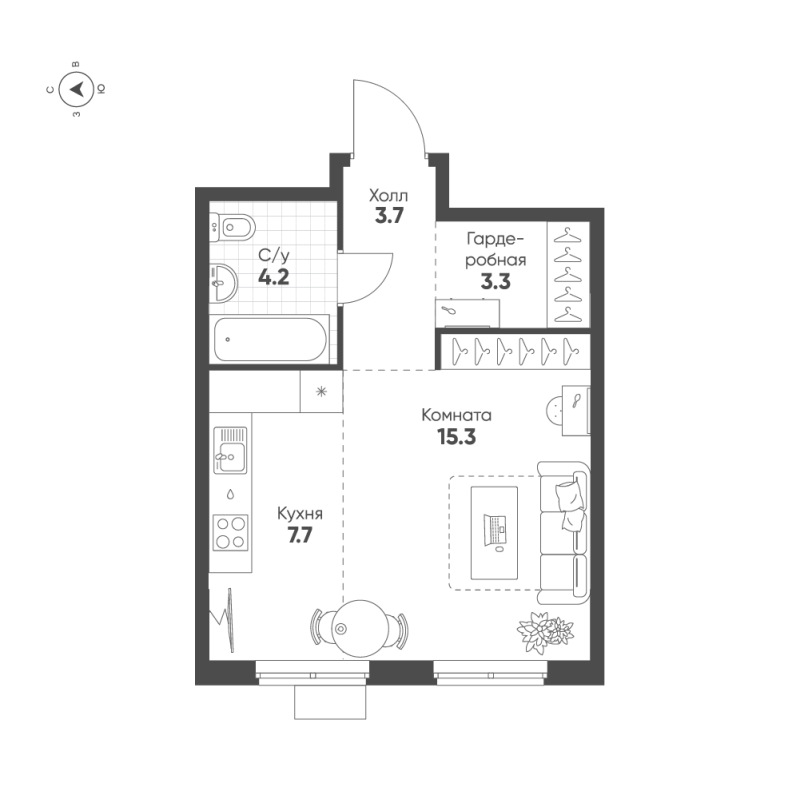 Квартира-студия, 34.2 м² в ЖК "Ягодное Река Парк" - планировка, фото №1
