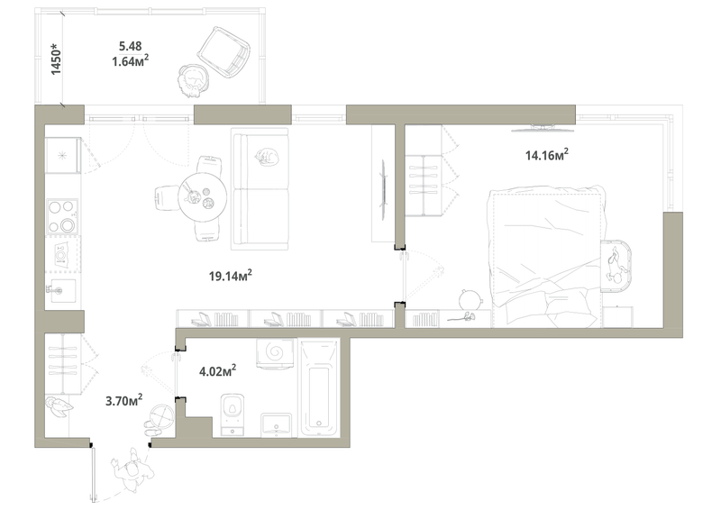 2-комнатная (Евро) квартира, 42.66 м² в ЖК "Тишин" - планировка, фото №1