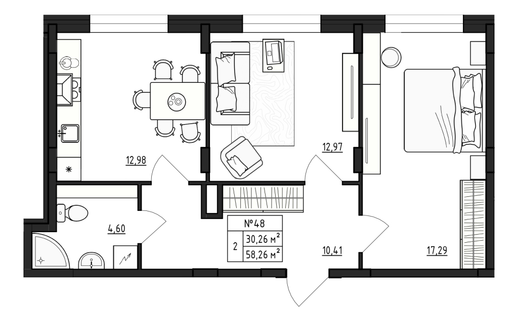 2-комнатная квартира, 58.26 м² - планировка, фото №1