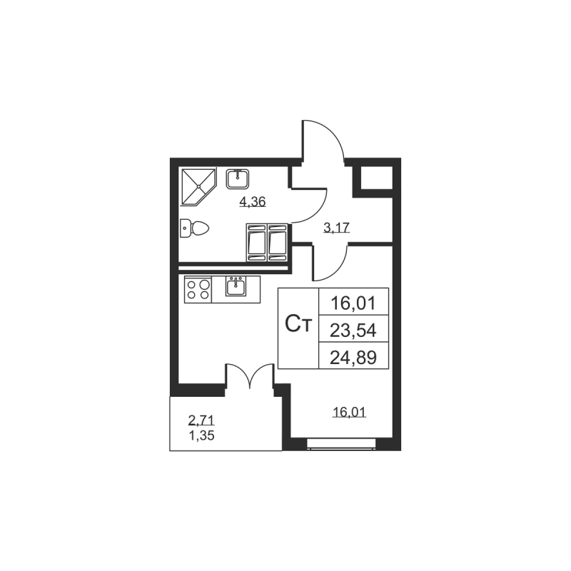 Квартира-студия, 24.89 м² - планировка, фото №1