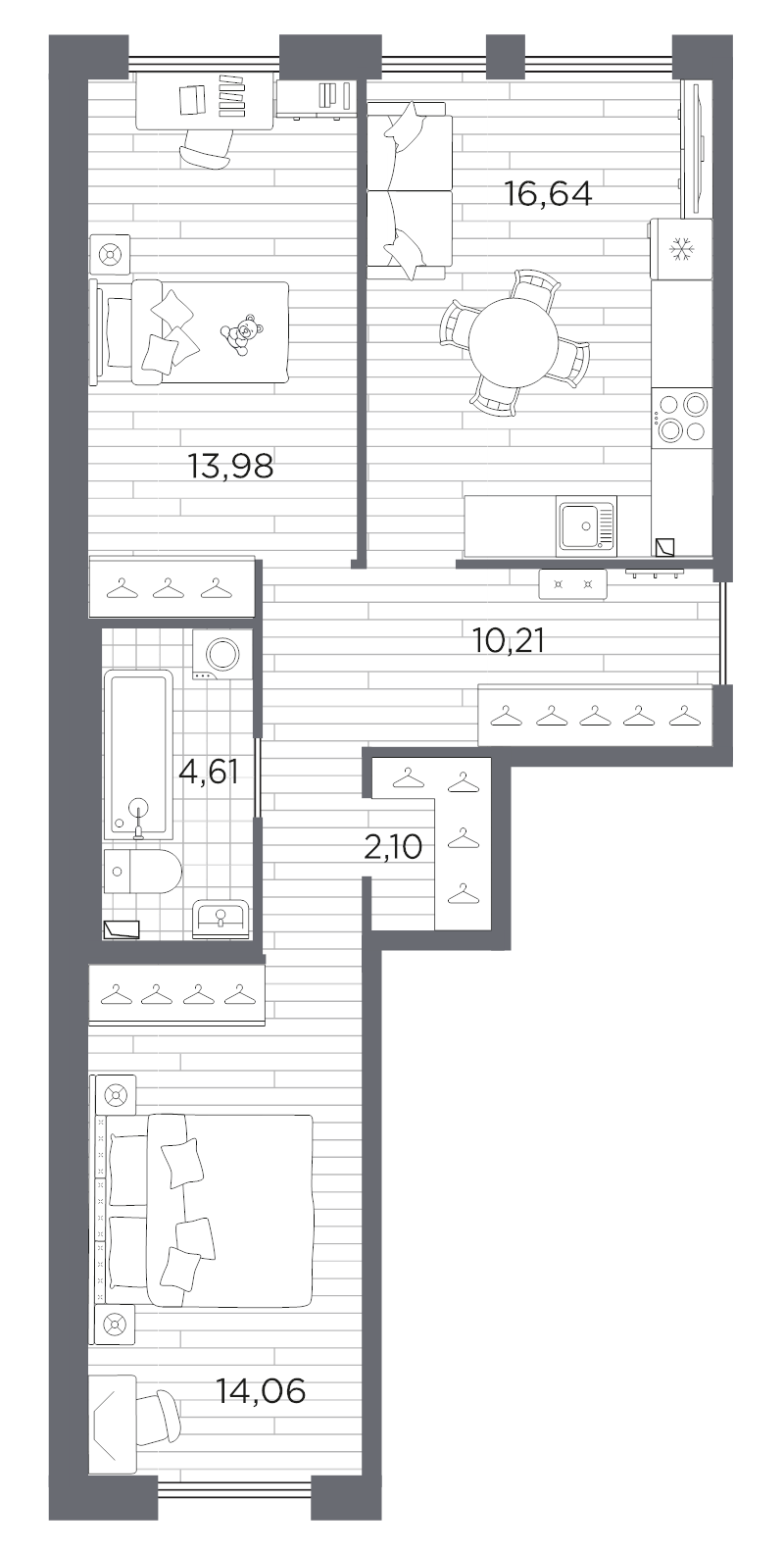 3-комнатная (Евро) квартира, 61.6 м² в ЖК "Сезоны" - планировка, фото №1