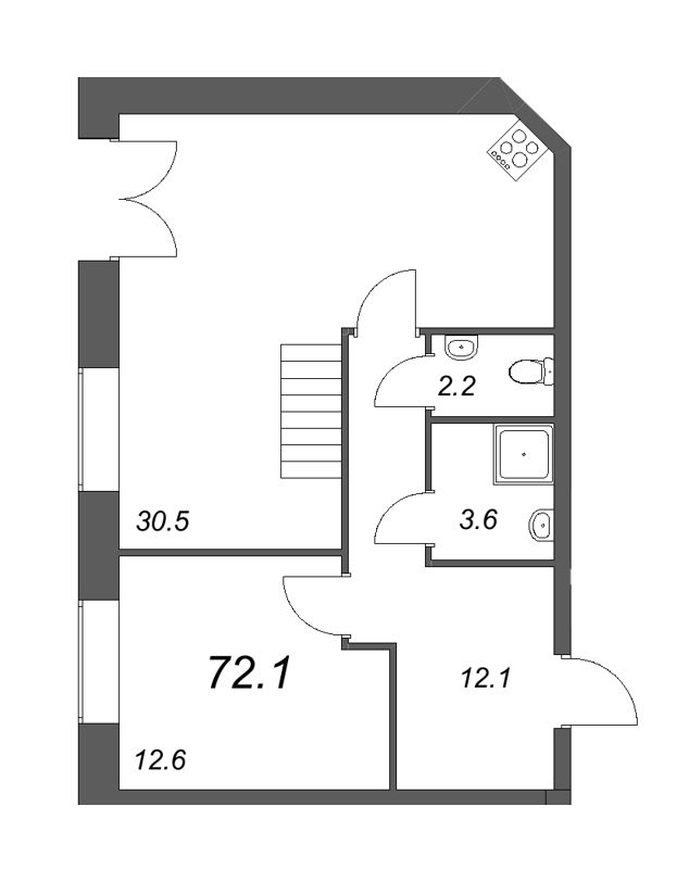 1-комнатная квартира, 71.4 м² - планировка, фото №1