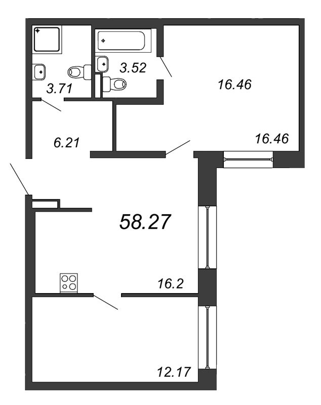 3-комнатная (Евро) квартира, 58.27 м² в ЖК "Елизаровский" - планировка, фото №1