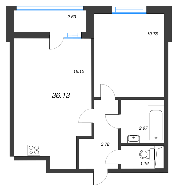 2-комнатная (Евро) квартира, 36.13 м² в ЖК "AEROCITY" - планировка, фото №1