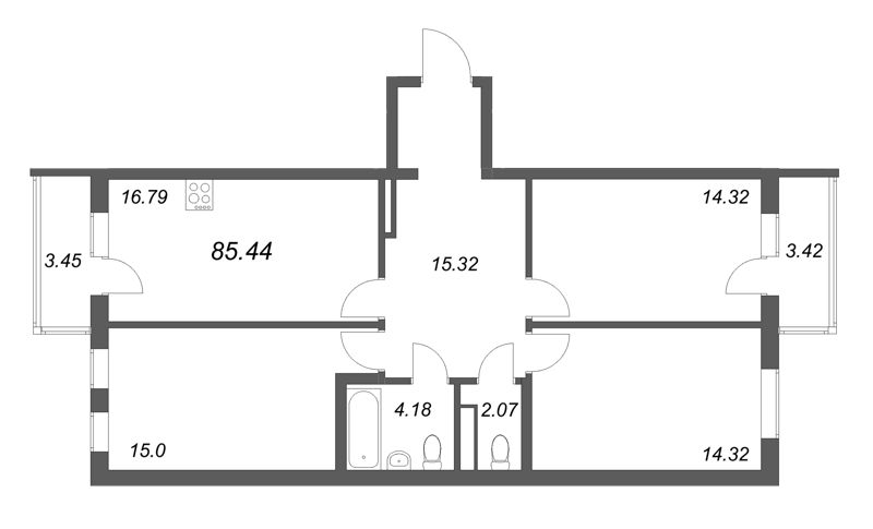 4-комнатная (Евро) квартира, 85.44 м² - планировка, фото №1
