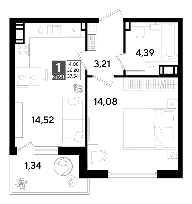 1-комнатная квартира, 36.77 м² в ЖК "Догма Юкки" - планировка, фото №1
