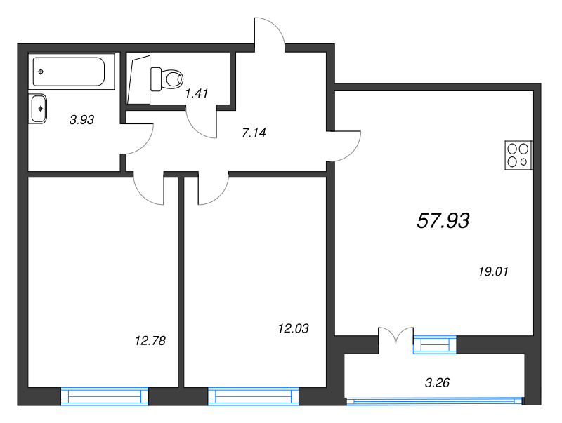 3-комнатная (Евро) квартира, 59.1 м² в ЖК "AEROCITY" - планировка, фото №1