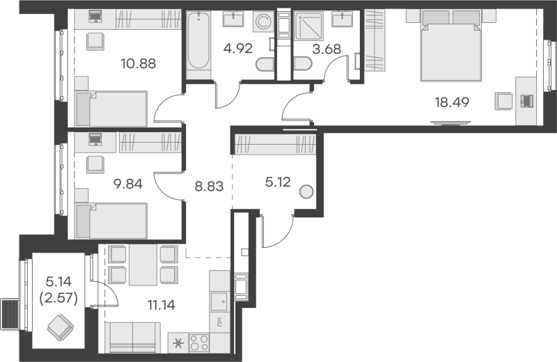 3-комнатная квартира, 75.47 м² - планировка, фото №1