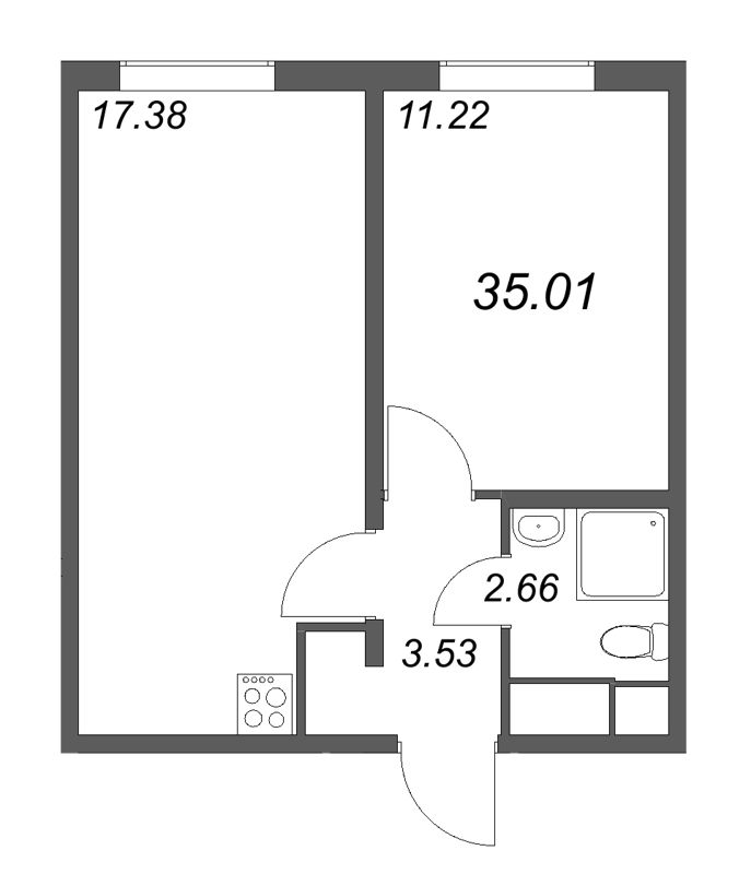 2-комнатная (Евро) квартира, 35.01 м² в ЖК "Морская миля" - планировка, фото №1