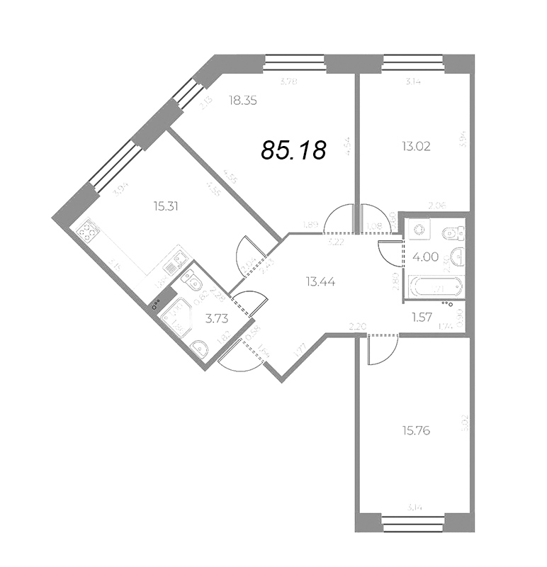 4-комнатная (Евро) квартира, 85.18 м² - планировка, фото №1
