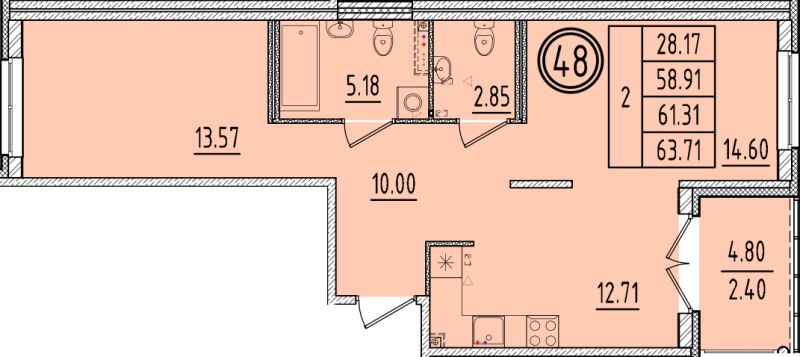 2-комнатная квартира, 58.91 м² в ЖК "Образцовый квартал 6.4" - планировка, фото №1