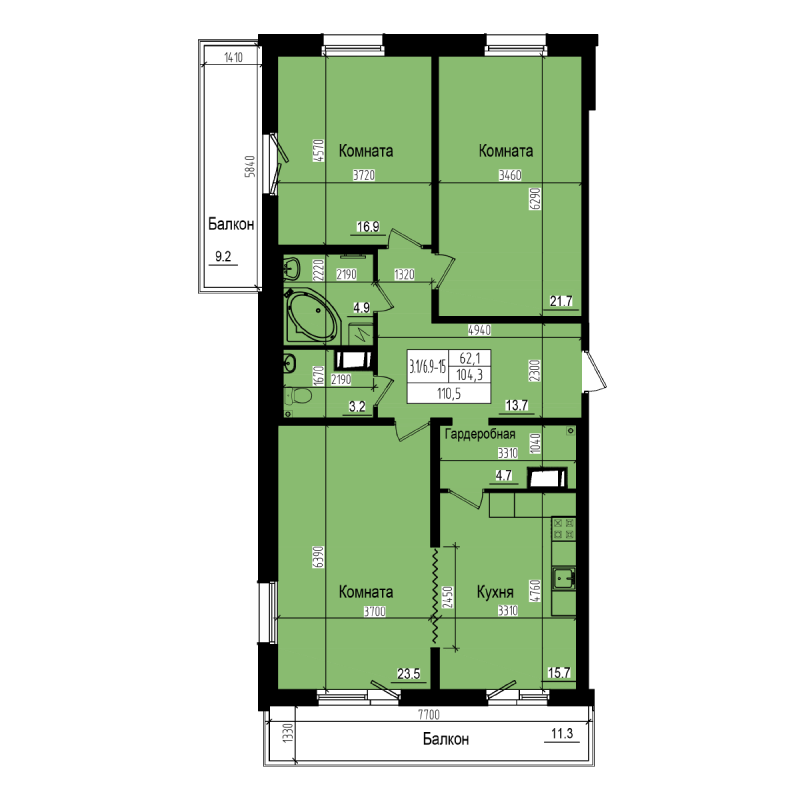 3-комнатная квартира, 110.5 м² - планировка, фото №1