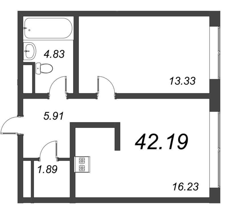 2-комнатная (Евро) квартира, 43.3 м² - планировка, фото №1