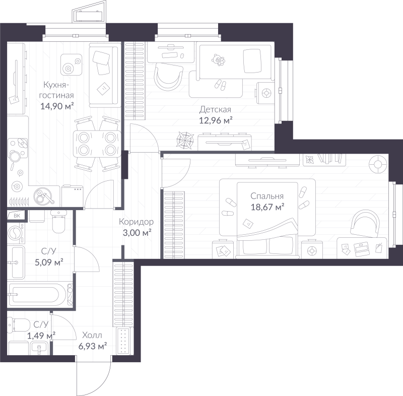 2-комнатная квартира, 63.04 м² в ЖК "VEREN NORT сертолово" - планировка, фото №1