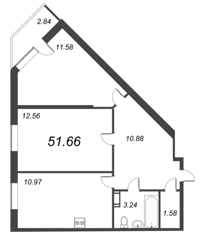 2-комнатная квартира, 51.66 м² - планировка, фото №1
