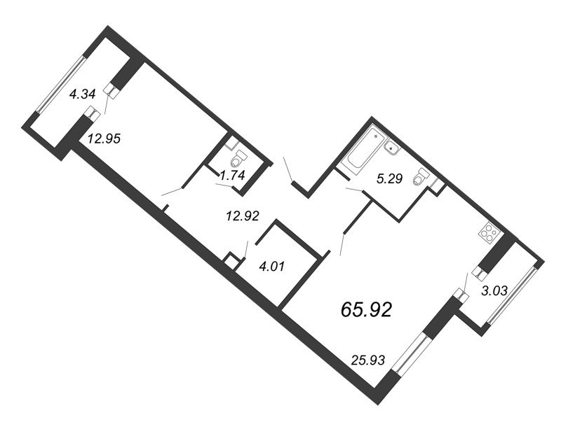 2-комнатная (Евро) квартира, 65.92 м² - планировка, фото №1