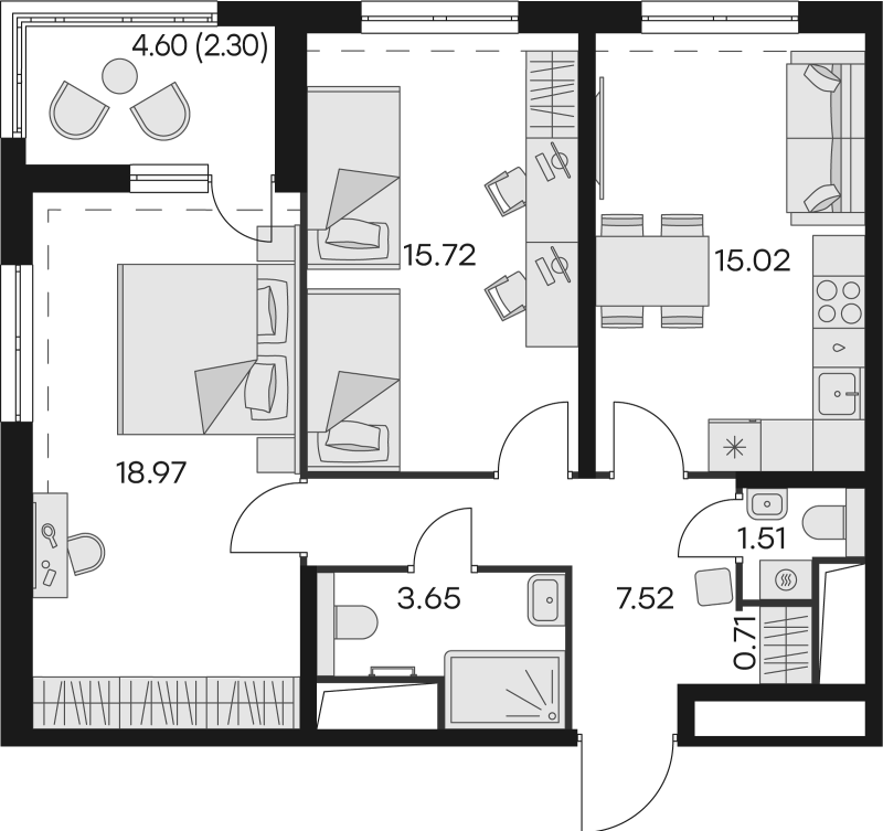 2-комнатная квартира, 65.4 м² в ЖК "GloraX Заневский" - планировка, фото №1
