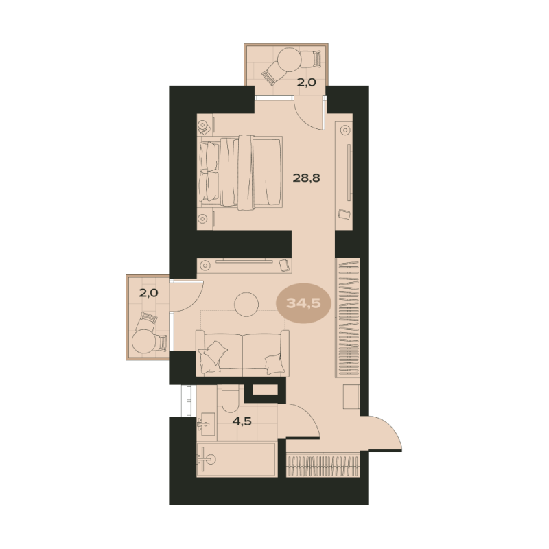 2-комнатная квартира, 37.3 м² в ЖК "Место в Смолячково" - планировка, фото №1