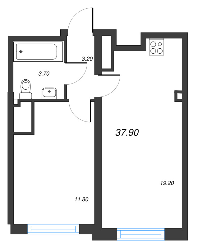 2-комнатная (Евро) квартира, 37.9 м² в ЖК "Измайловский" - планировка, фото №1