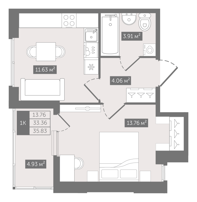 1-комнатная квартира, 35.83 м² - планировка, фото №1