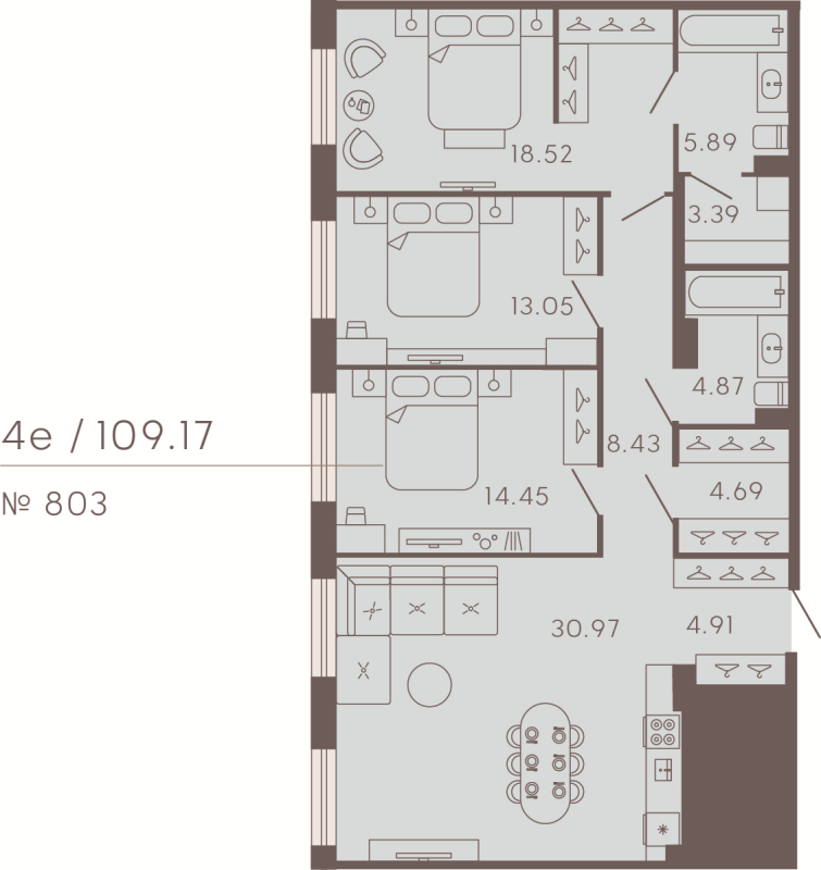 4-комнатная (Евро) квартира, 109.17 м² в ЖК "17/33 Петровский остров" - планировка, фото №1