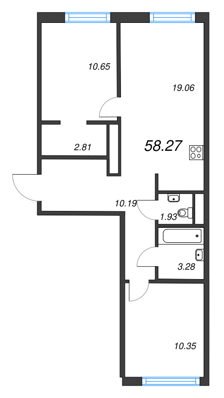 3-комнатная (Евро) квартира, 58.27 м² в ЖК "Legenda Васильевского" - планировка, фото №1