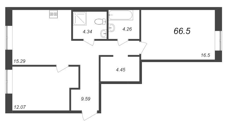 3-комнатная (Евро) квартира, 66.5 м² - планировка, фото №1