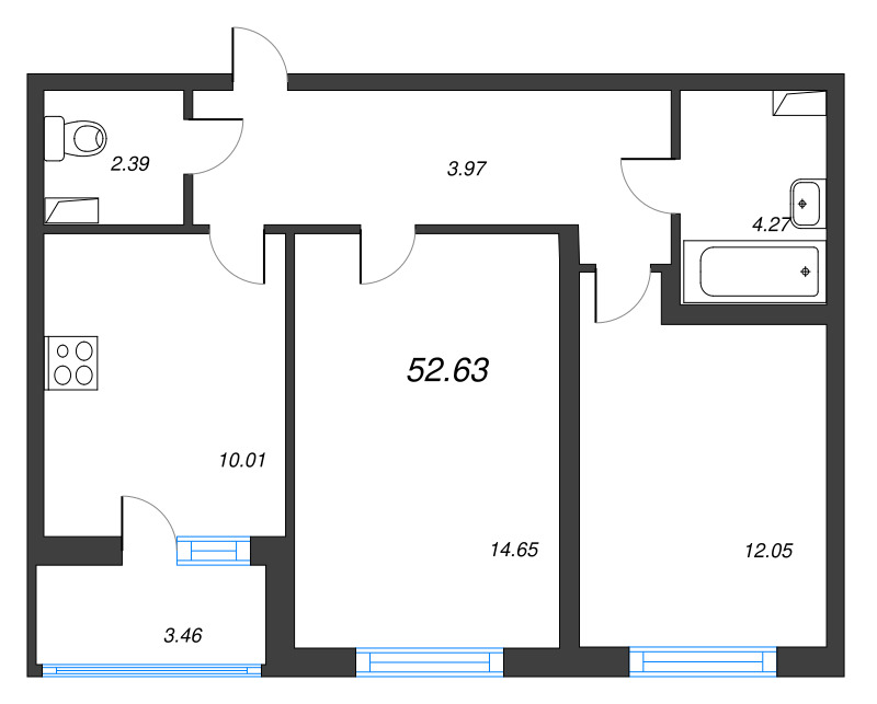 2-комнатная квартира, 52.63 м² в ЖК "Ясно.Янино" - планировка, фото №1
