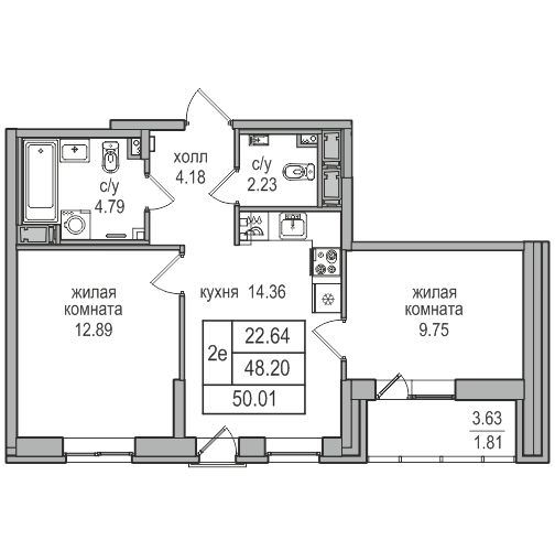 2-комнатная квартира, 50 м² в ЖК "Северная Долина" - планировка, фото №1