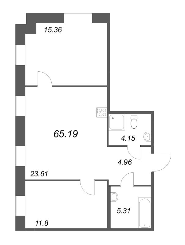 3-комнатная (Евро) квартира, 65.19 м² - планировка, фото №1