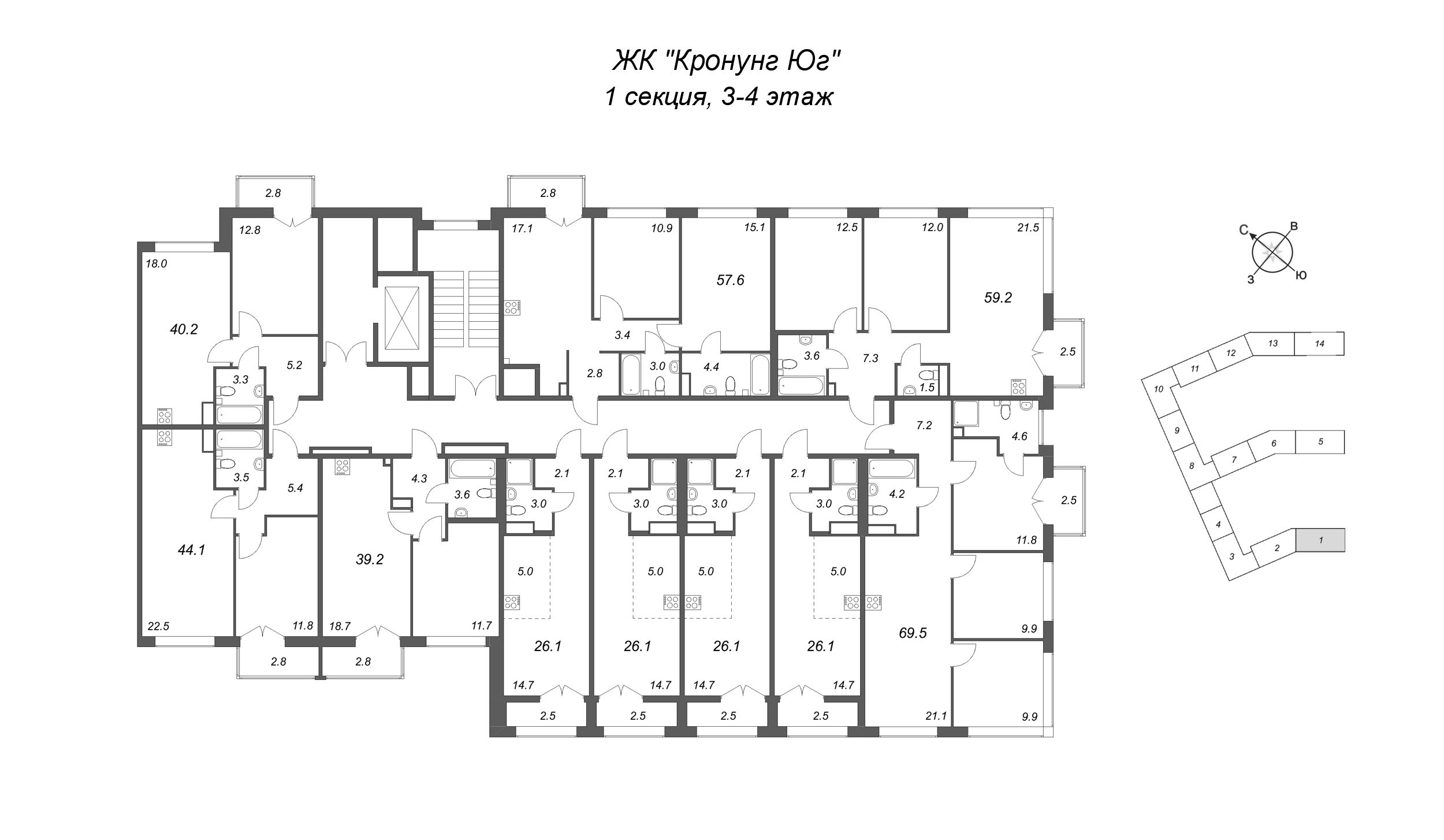 Квартира-студия, 26.1 м² в ЖК "Кронунг ЮГ" - планировка этажа