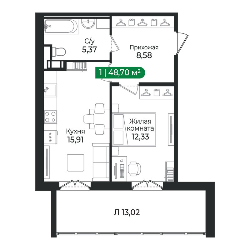 2-комнатная (Евро) квартира, 48.7 м² в ЖК "Сертолово Парк" - планировка, фото №1