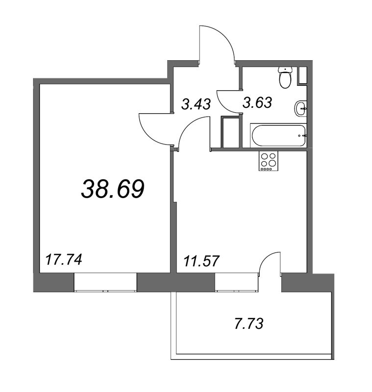 1-комнатная квартира, 38.7 м² - планировка, фото №1