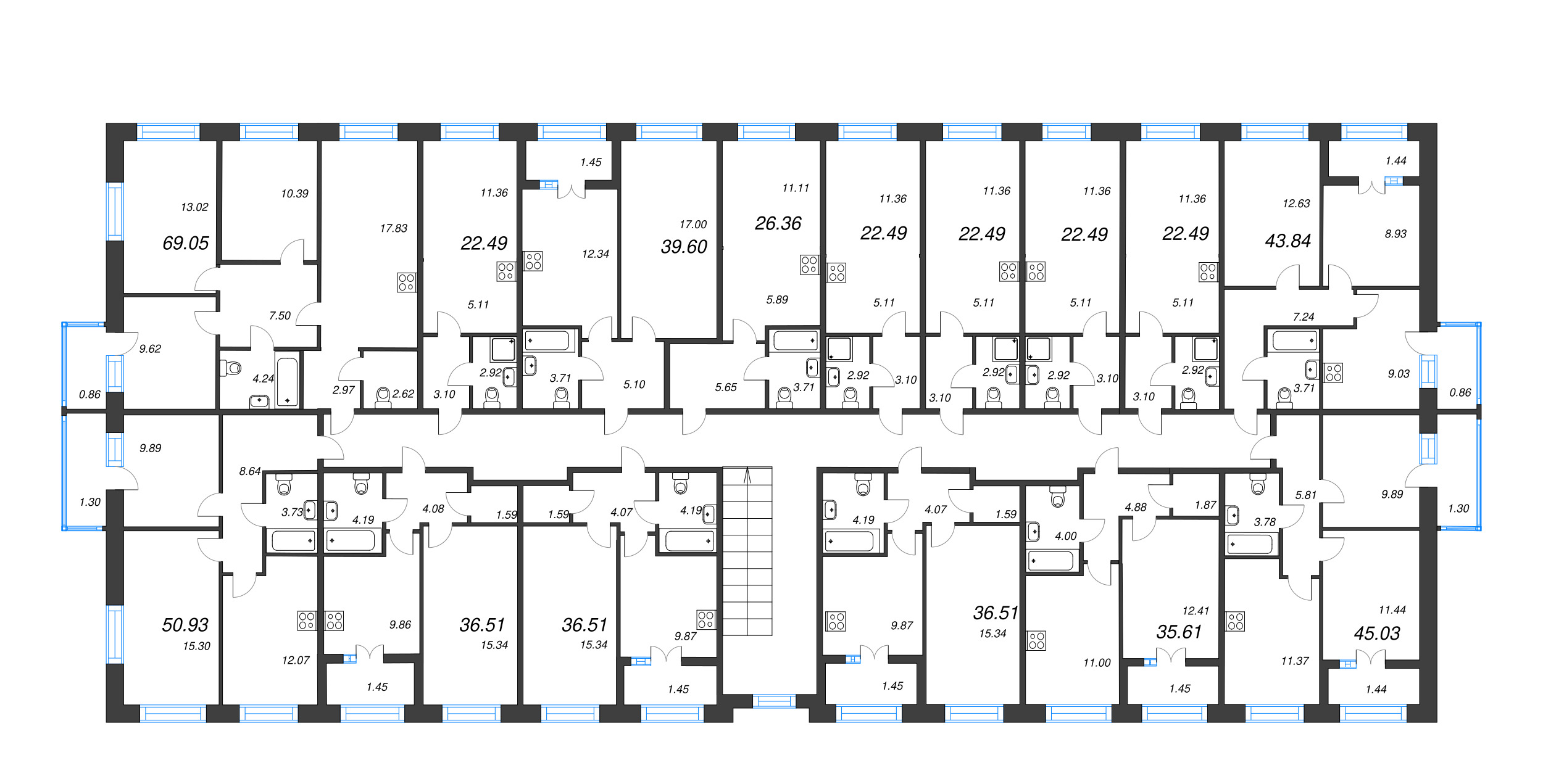 2-комнатная квартира, 43.84 м² в ЖК "Капральский берег" - планировка этажа
